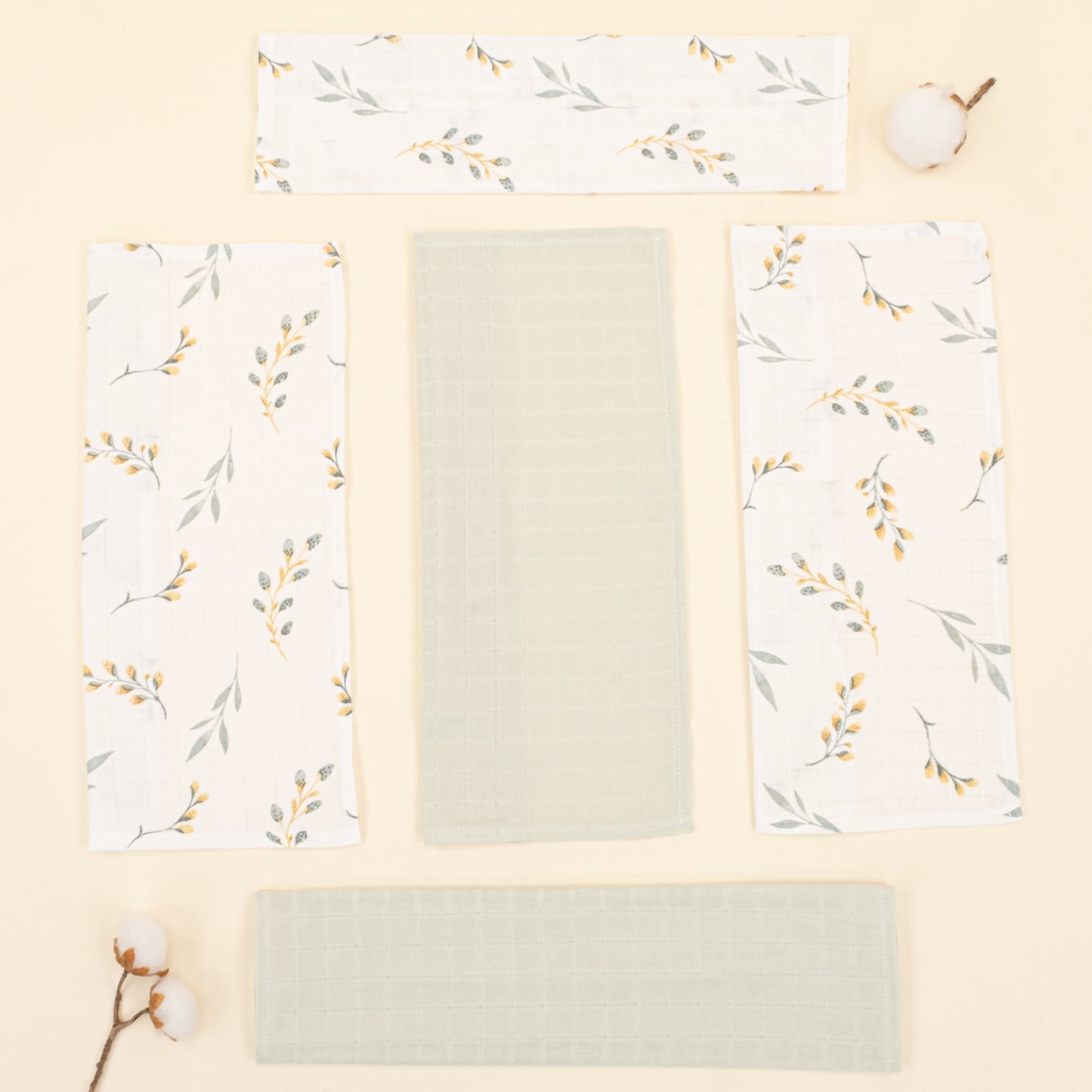 5'li Omuz Mendili Set - Mint Muslin - Yapraklar