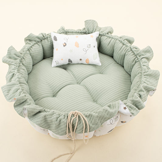 Yuvarlak Babynest ve Yastık - Çift Taraflı - Mint Örgü - Kuş