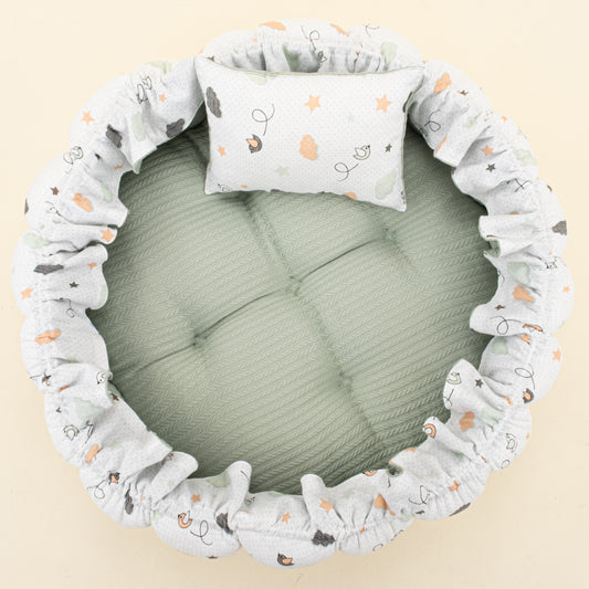 Yuvarlak Babynest ve Yastık - Çift Taraflı - Mint Örgü - Kuş