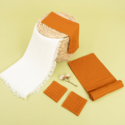 Dört Katlı Organik Muslin Set - Beyaz - Kiremit Muslin