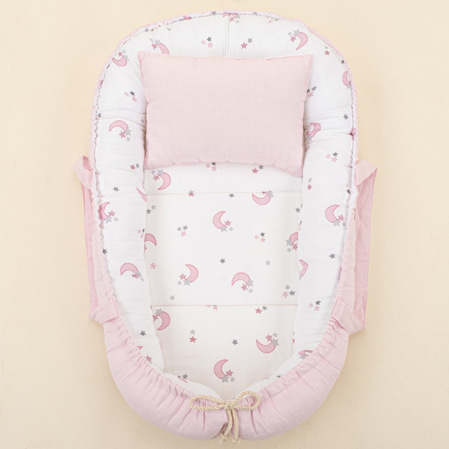 Babynest ve Yastık - Çift Taraflı - Bebe Pembe Muslin - Pembe Ay