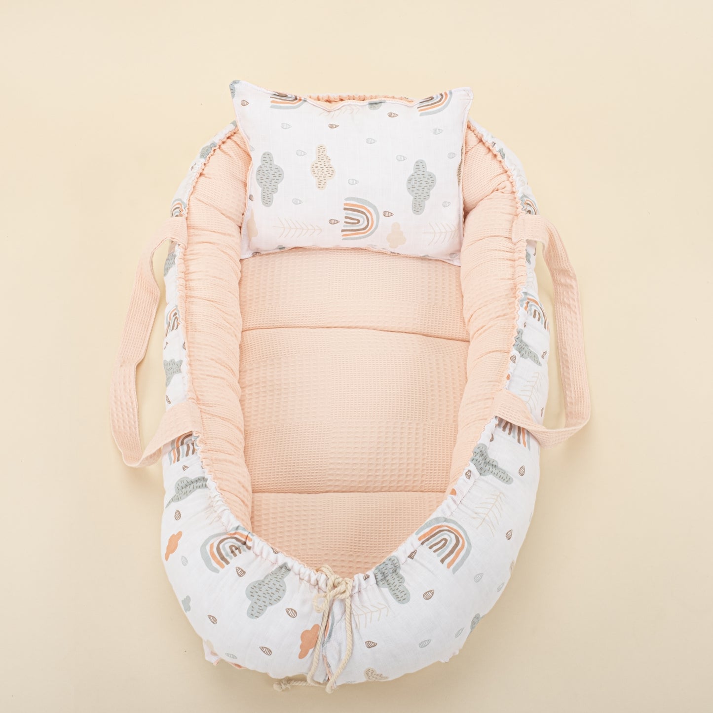 Babynest ve Yastık - Çift Taraflı - Somon Waffle - Yeşil Gökkuşağı