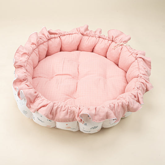 Yuvarlak Babynest - Çift Taraflı - Pembe Muslin - Yeşil Çiçekler